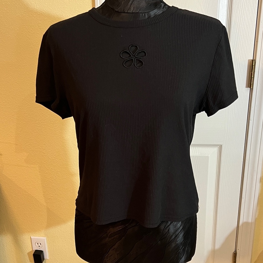 No Boundaries Black Ribbed Crop Top with Floral Accent
